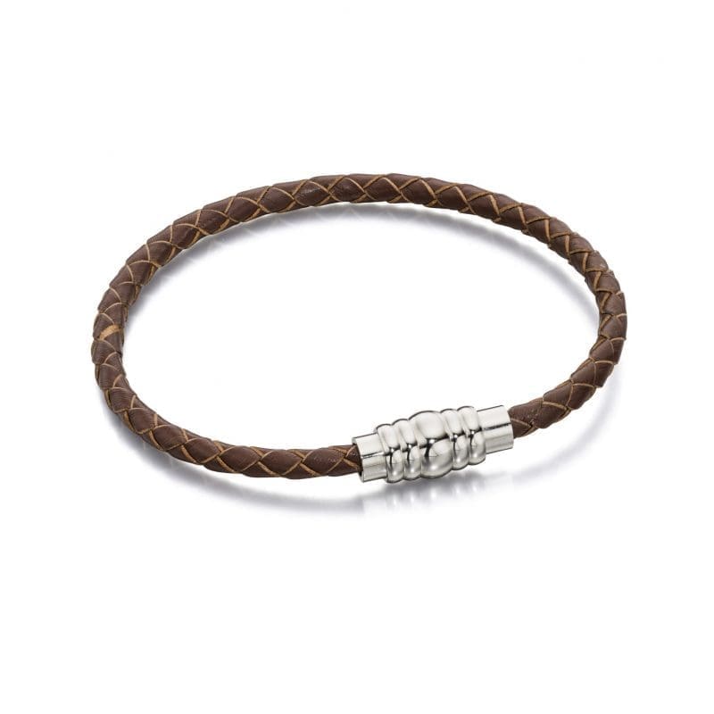 Fred Bennett Skinny Stainless Steel Brown Leather Magnetic Bracelet