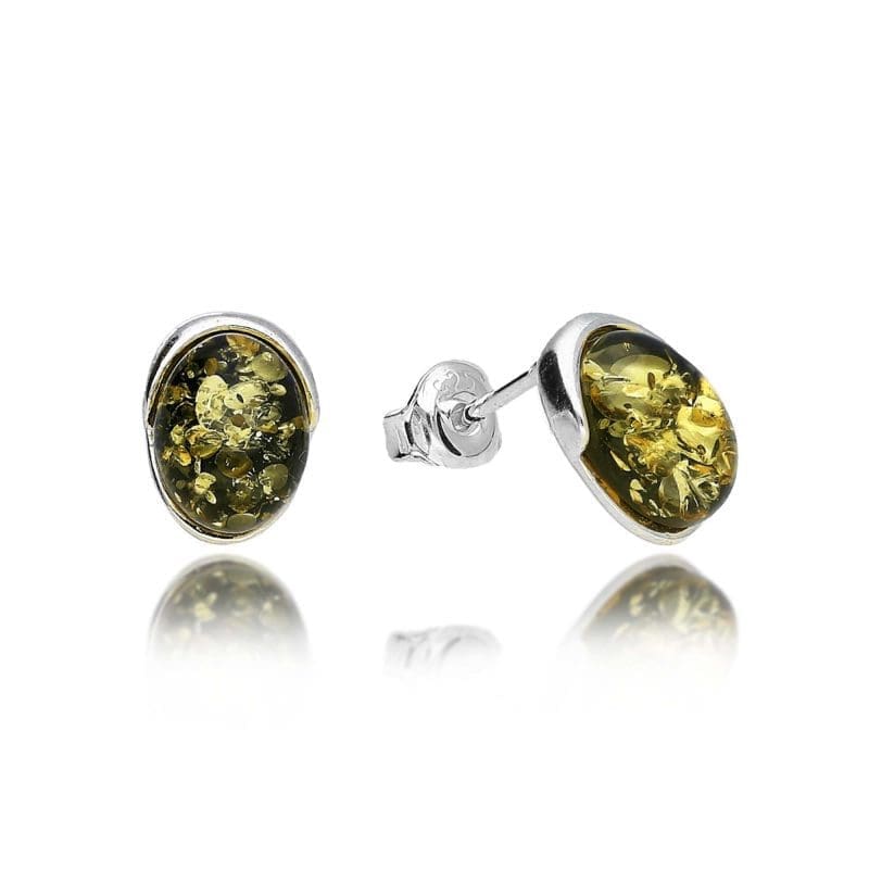 Silver Green Amber Oval Studs