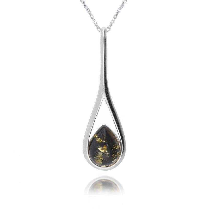 silver green amber pendant - teardrop - sterling silver - HC Jewellers - Royston