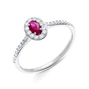 Platinum Ruby and Diamond Halo Ring With Diamond Set Shoulders