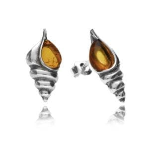 Silver Amber Seashell Studs