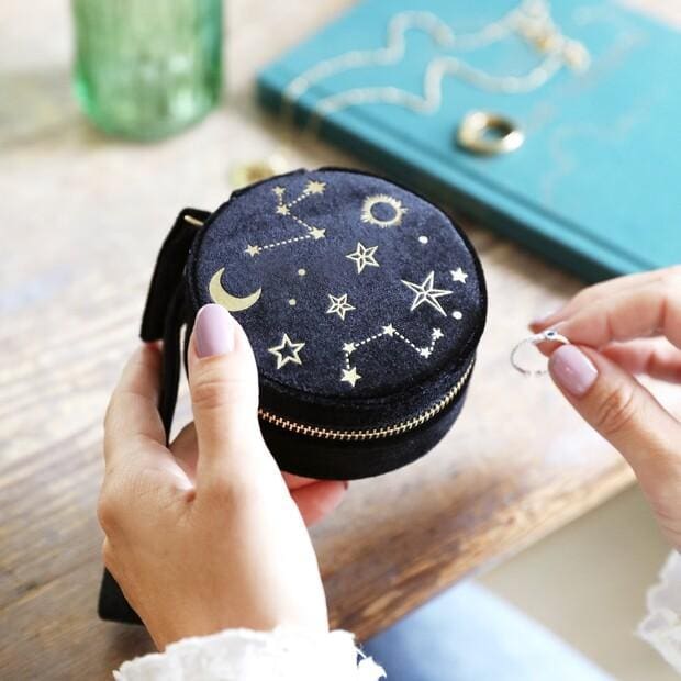 Starry Night Velvet Round Jewellery Case Black