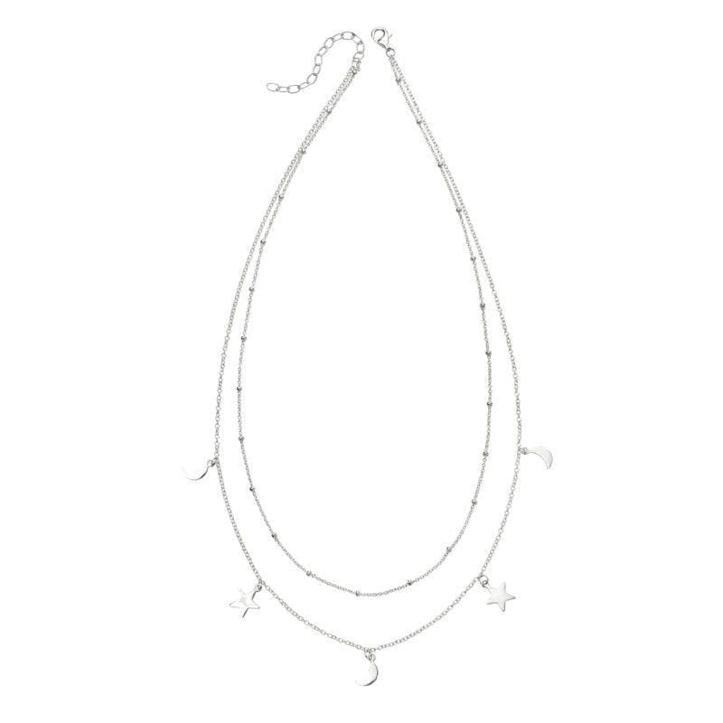 Silver Moon and Stars Double Row Necklace