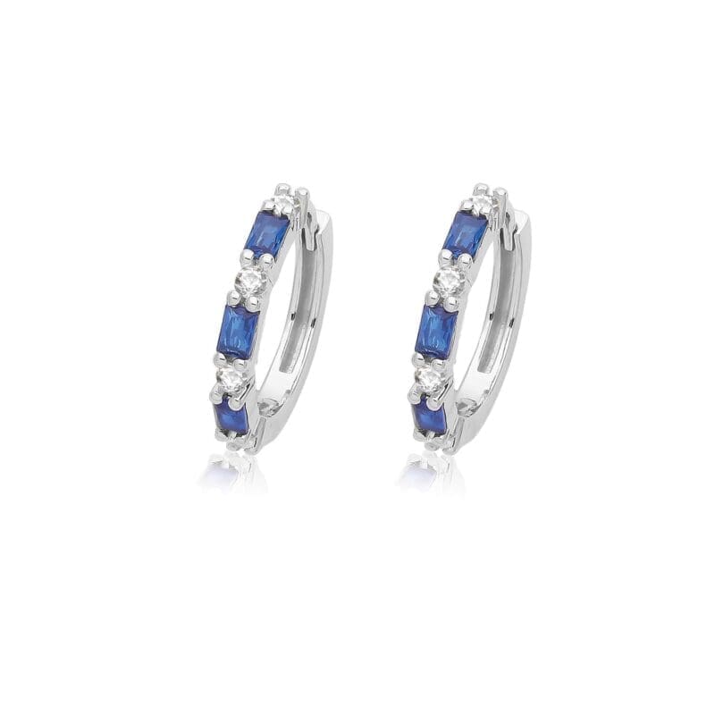 Silver Cubic Zirconia Sapphire Hinged Huggie Hoops
