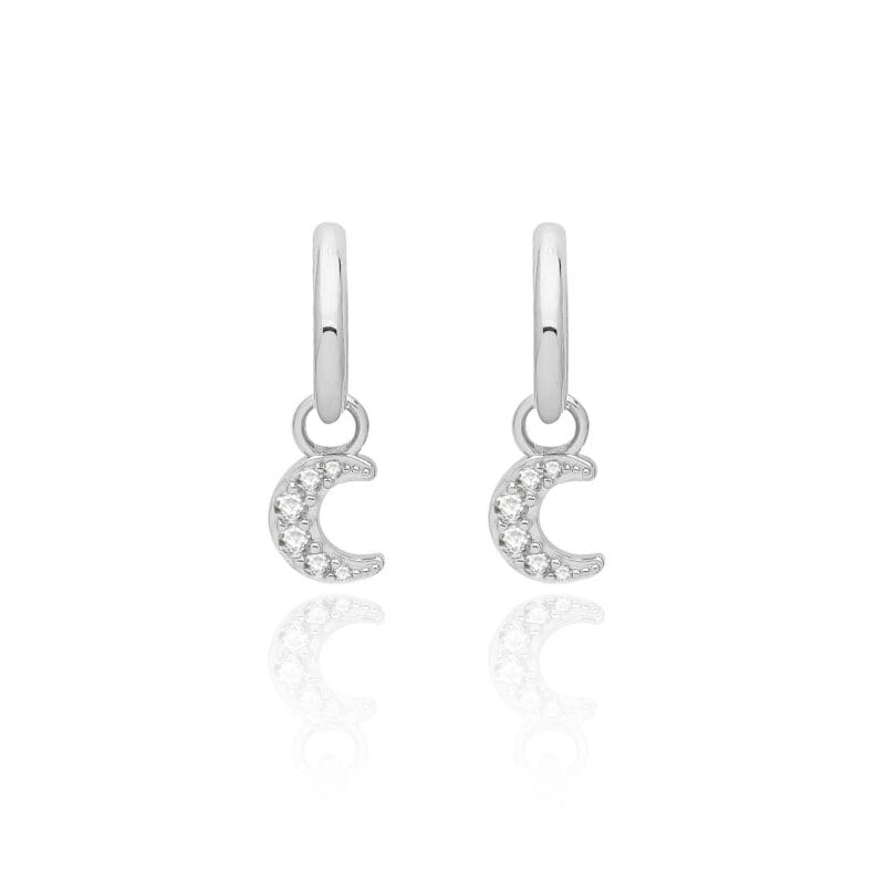 Silver Cubic Zirconia Moon Charm Huggie Hoops