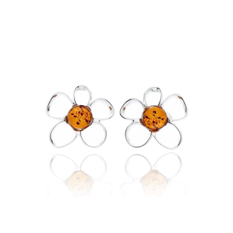 Silver Amber Flower Studs