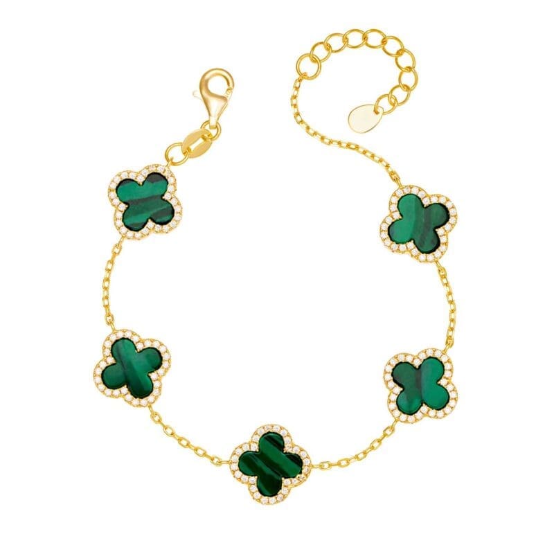 Silver Gold Plated Malachite Multi Clover Bracelet