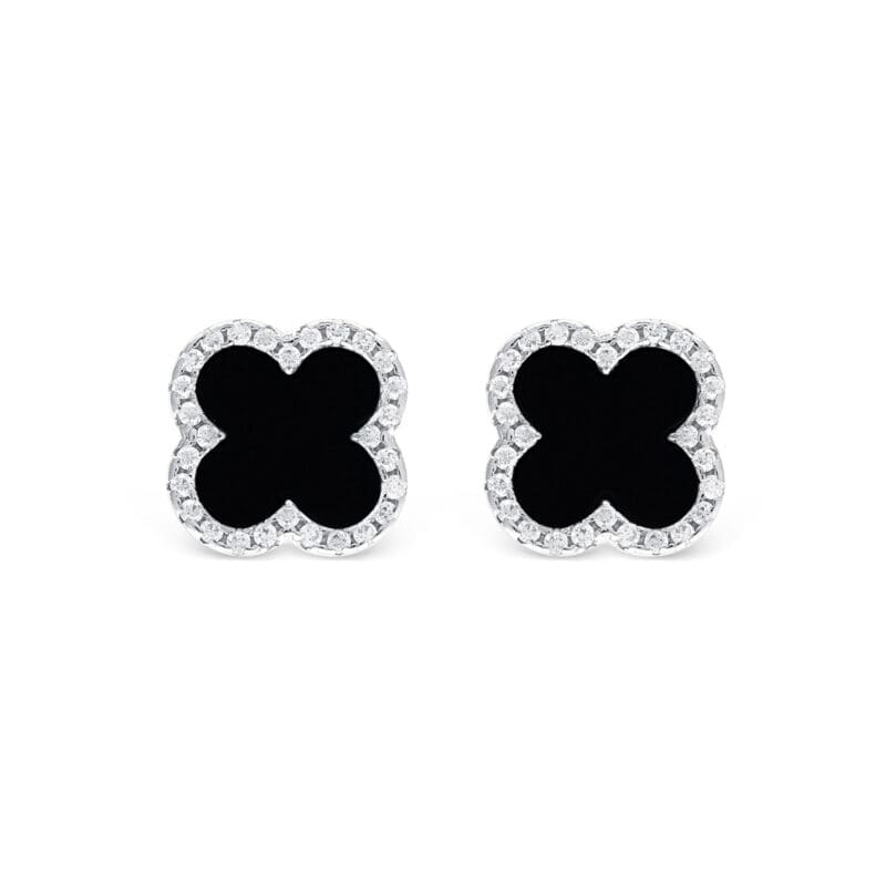 Silver Onyx Clover Studs
