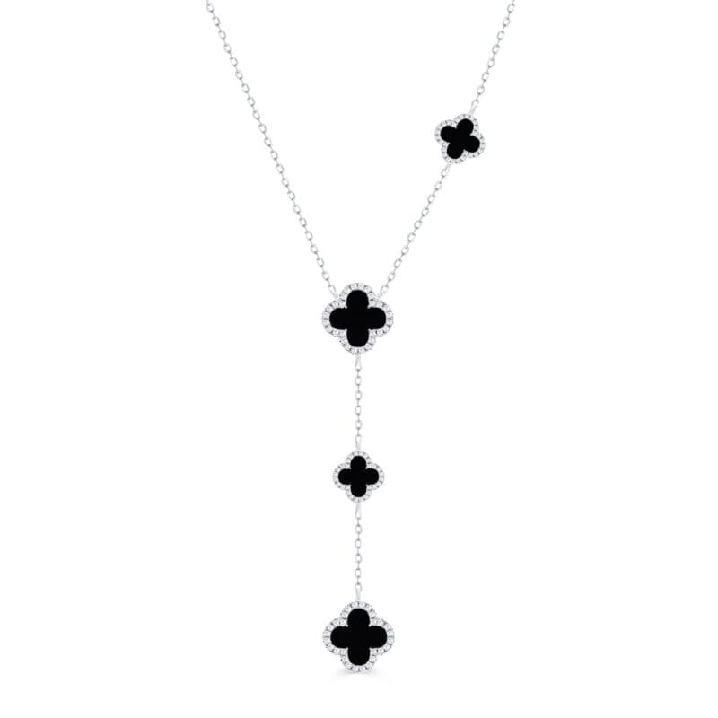 Silver Onyx Clover Drop Necklace